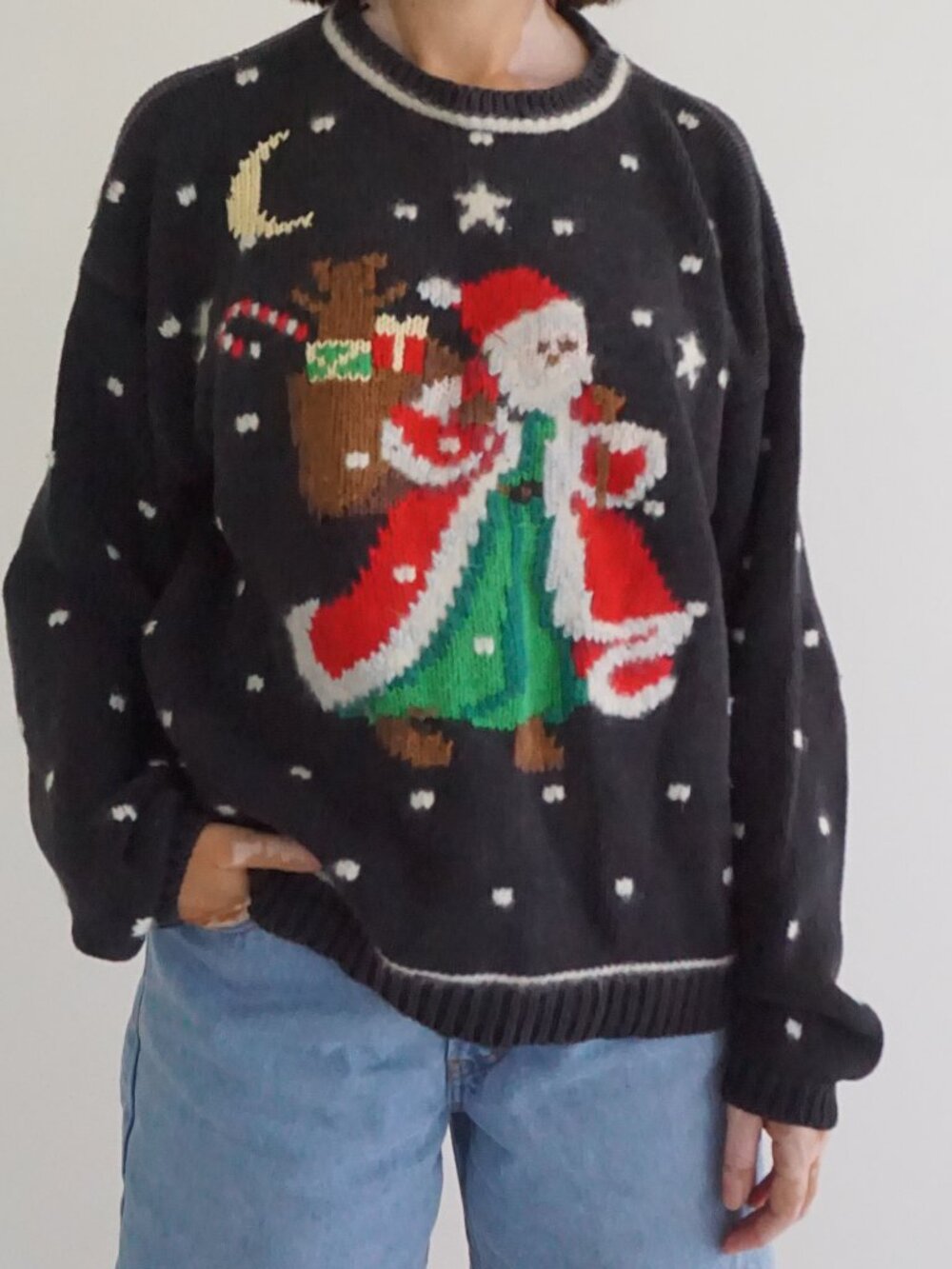 Vintage Carroll Reed Charcoal Santa Reindeer Stars Moon Christmas Sweater L